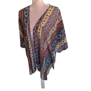 Band of Gypsies ~ Boho Patchwork Floral Kimono Cardigan, Tan/Black, L, Oversized